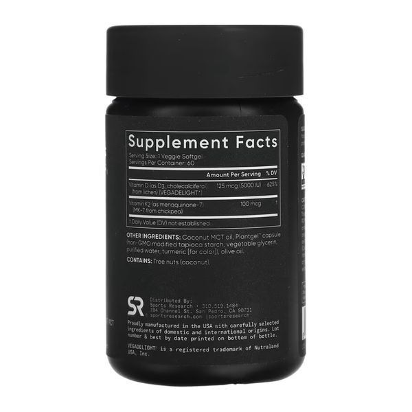 Вітамін D3+K2 Sport Research Vegan D3 5000 K2 100 mcg 60 м&rsquo;яких капсул dsn_29167 фото